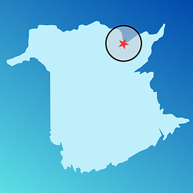Map of New Brunswick with red star and focus on Bathurst and the Chaleur Region.
