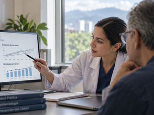 Médica y paciente observan diferentes gráficos con datos sobre Costa Rica.