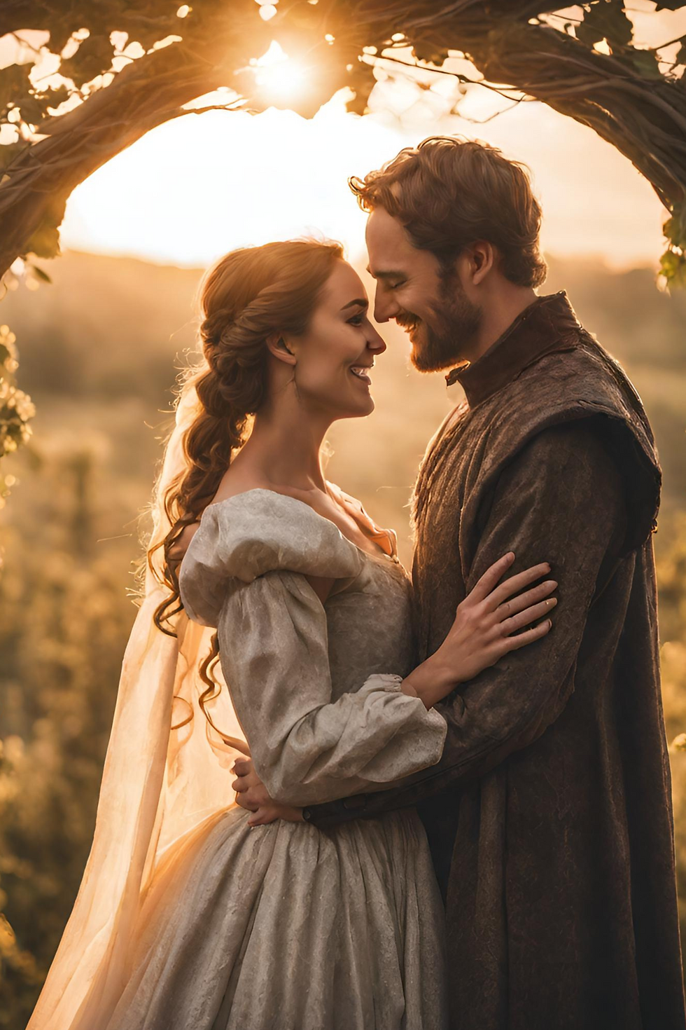 A smiling couple wed beneath an arch of vines