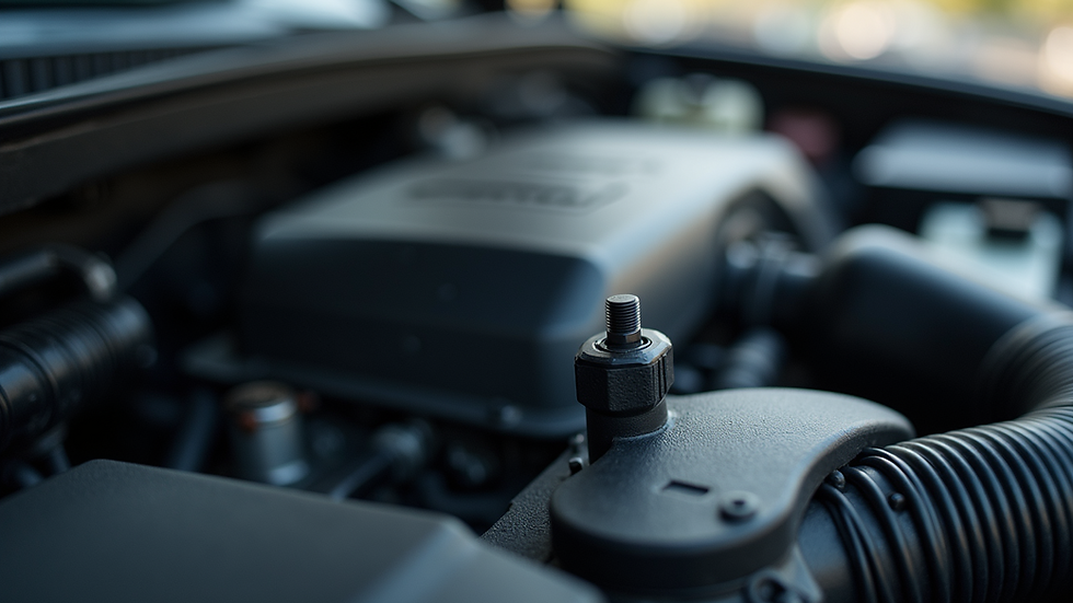Eye-level view of a car engine showcasing the dipstick location