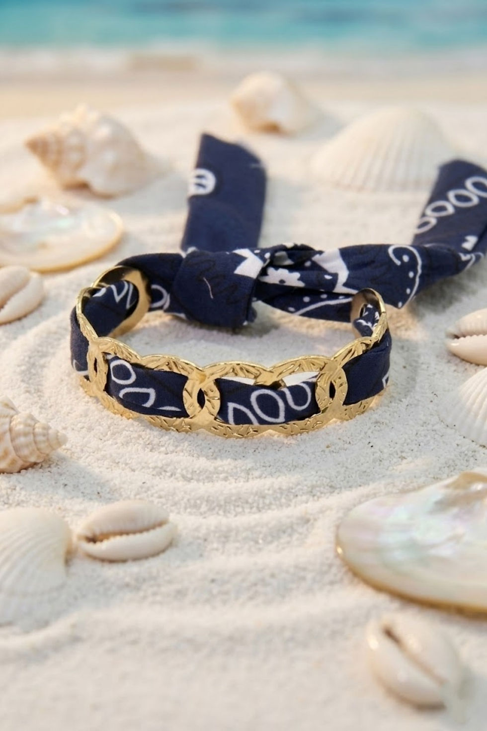 Miniature : Bracelet tissu bandana marine & chaîne dorée – Acier Inoxydable