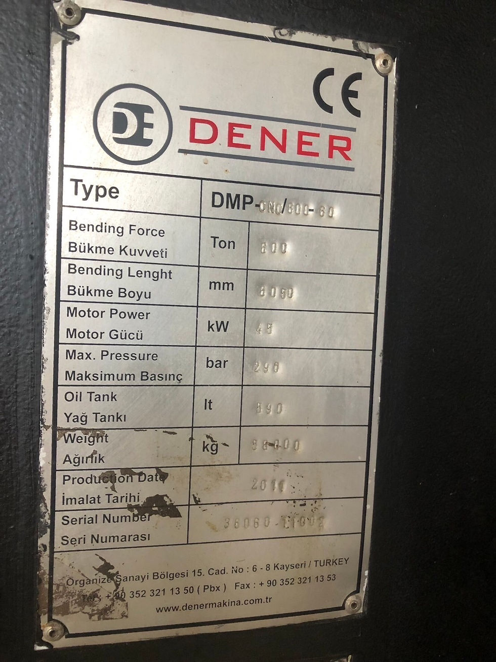 01: DENER TYPE DMP-CNC / 600-60 HYDRAULIC PRESSBRAKE