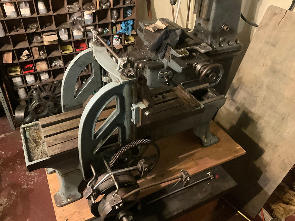 Antique Federal (USA) miniature size double column metal planer with line shaft drive assy