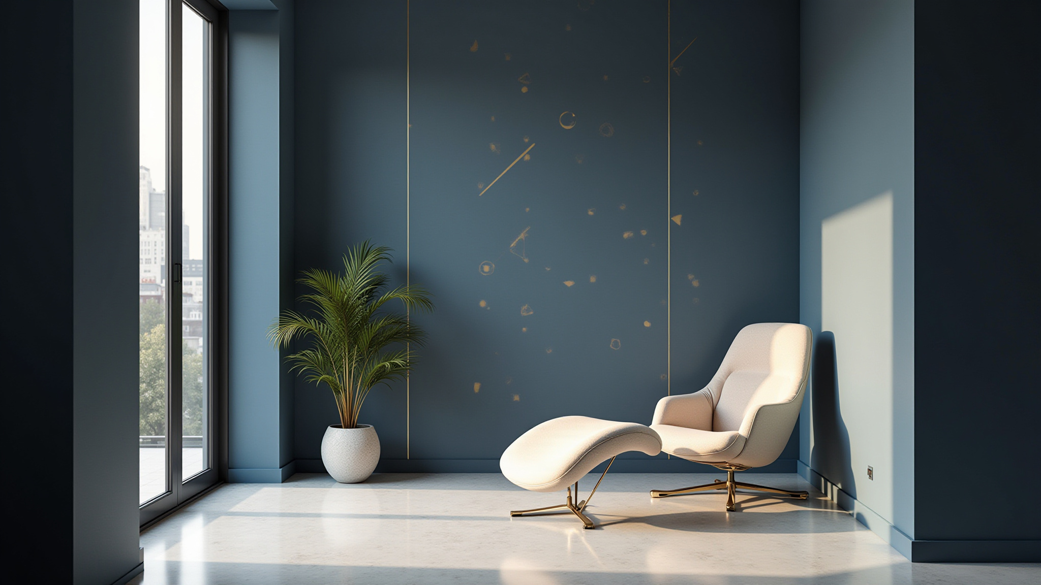 Cozy chair and footrest next to a potted plant, elegant room interior