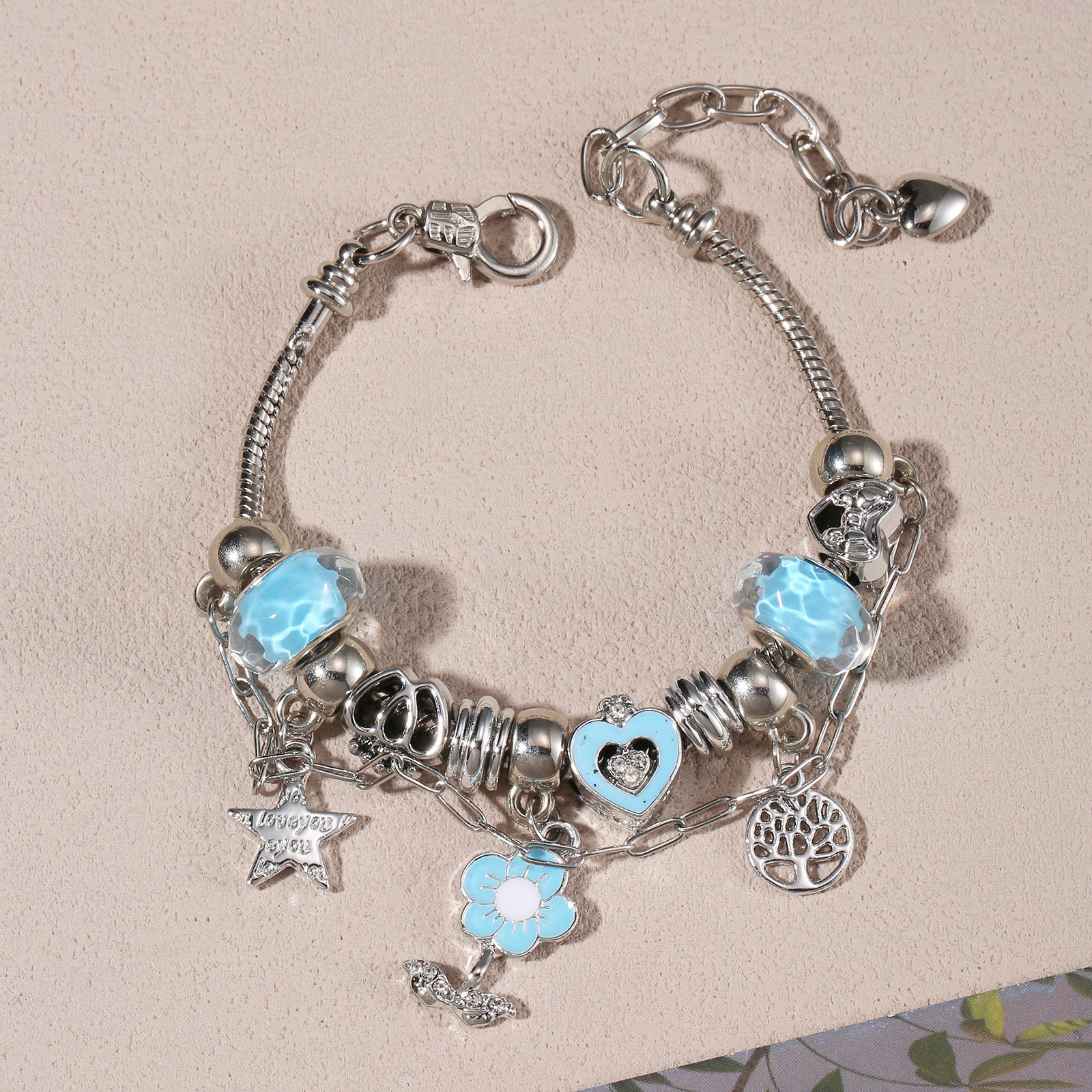 Silvery Tone Stainless Steel Pandora-Style Charm Bracelet with Blue Enamel and S