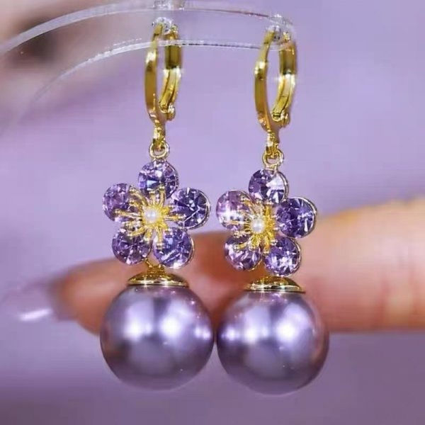 Thumbnail: Purple Crystal Zircon Flower Drop Earrings for Women Light Luxury
