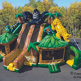 Featuring stunning, amazingly vivid digital artwork and jungle characters, this action-packed inflatable comes standard with three huge slides and two bouncers. It is ideal for indoor facilities and was made to fit into most corners. 