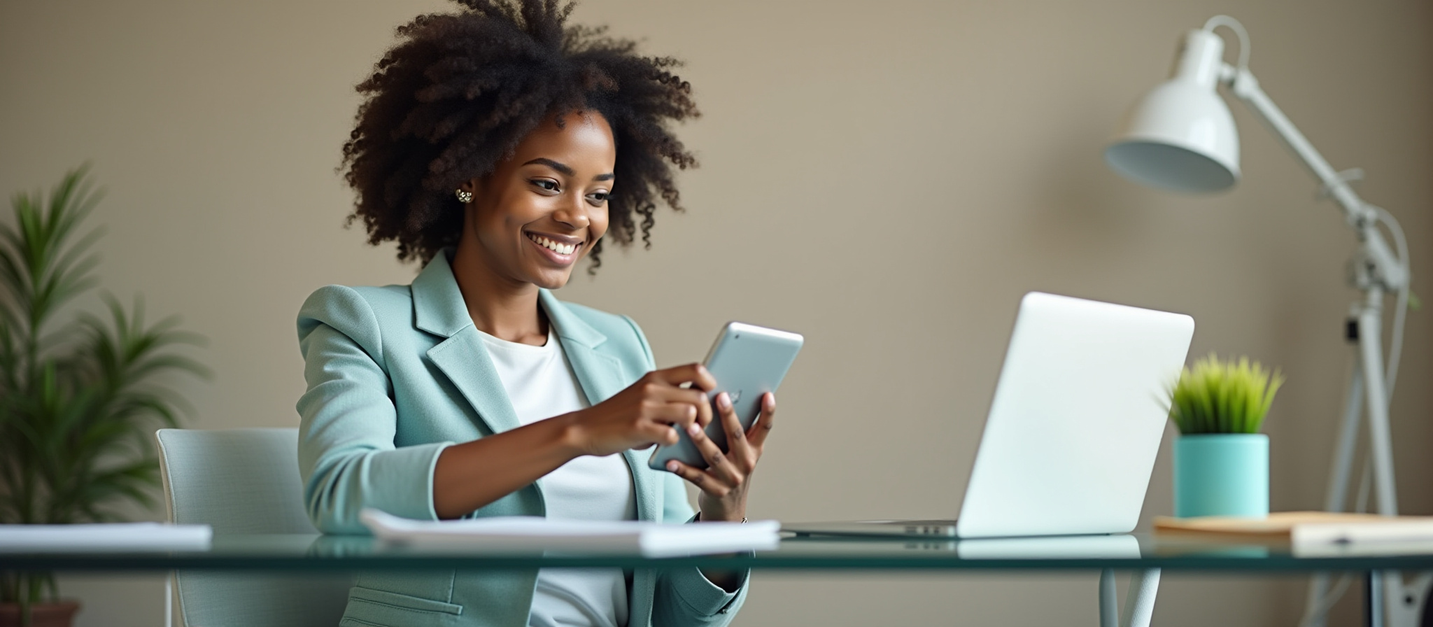 Woman working on a phone and laptop