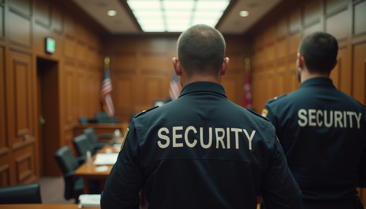 Eye-level view of courthouse entrance with discreet security personnel nearby