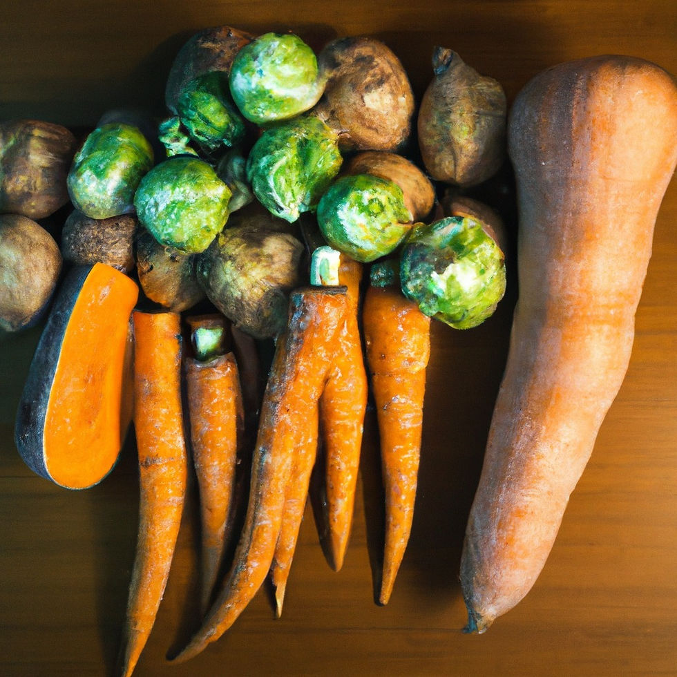 Brussels sprouts, carrots, sweet potato