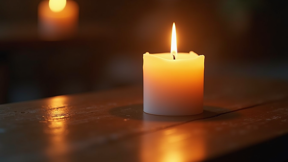 Plano medio de una vela encendida sobre una mesa de madera, creando un ambiente de calma y reflexión