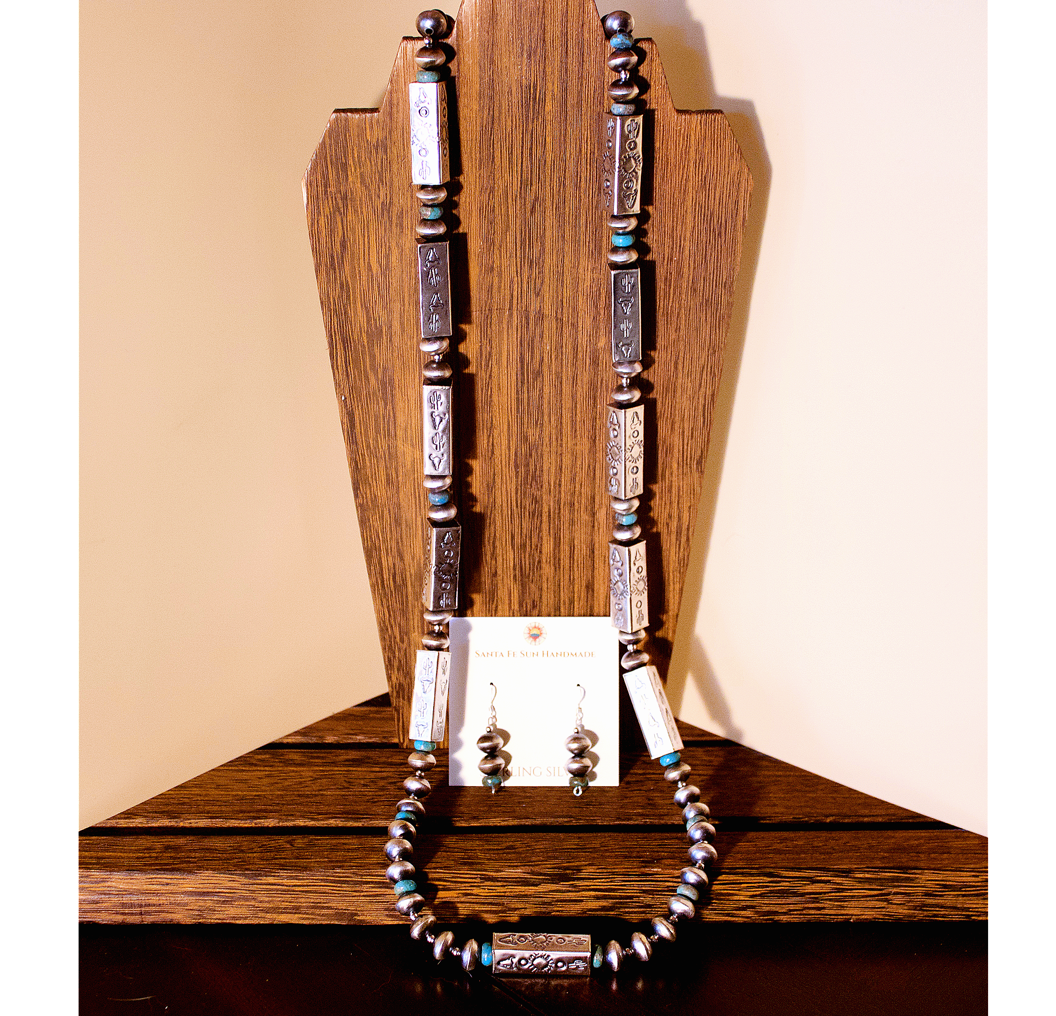Sterling Silver and Turquoise Handmade Navajo Pearl Rectangle Bead Necklace Set