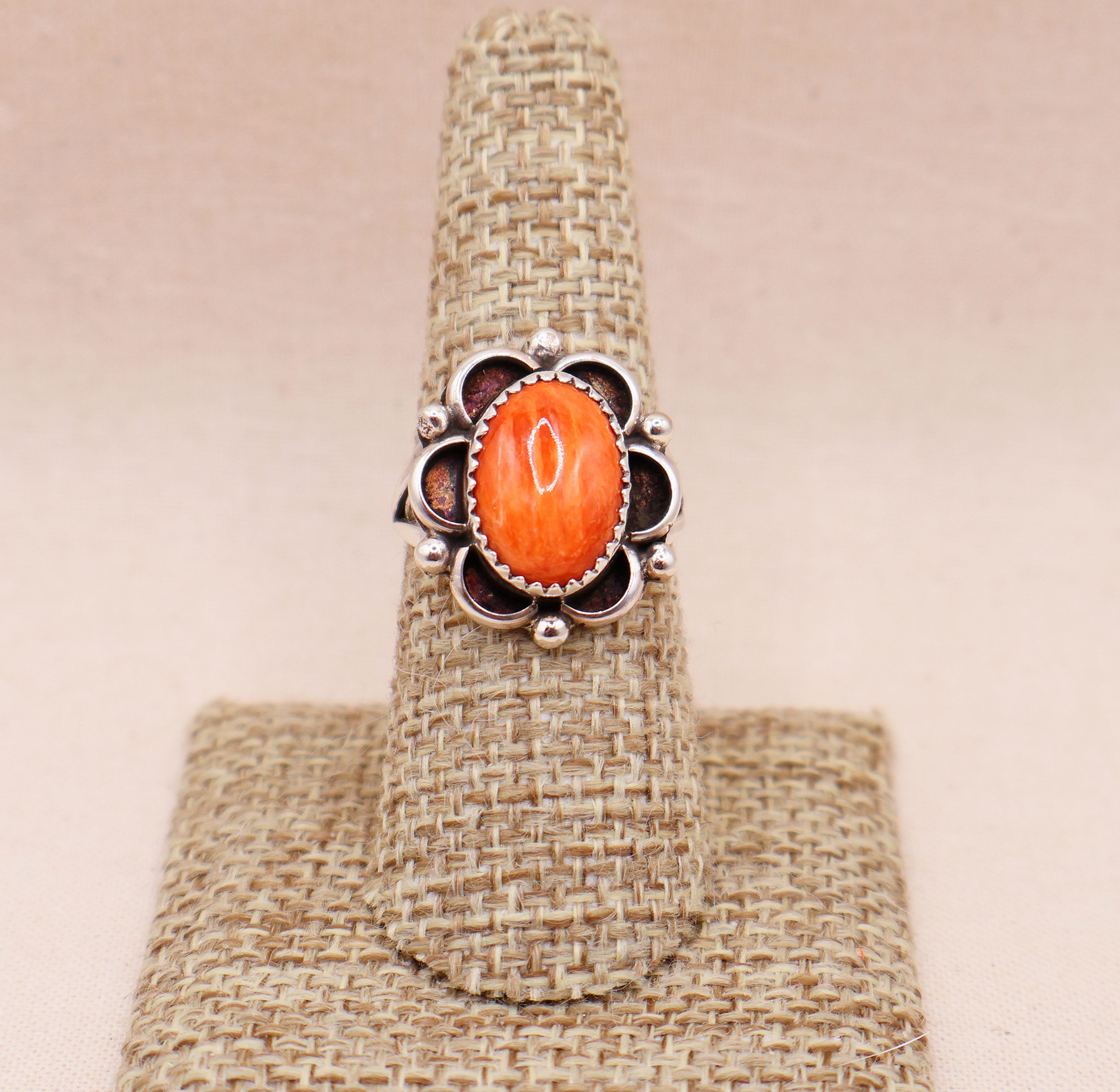 Handmade Sterling Silver Orange Spiny Oyster Shell Floral Ring – Size 9