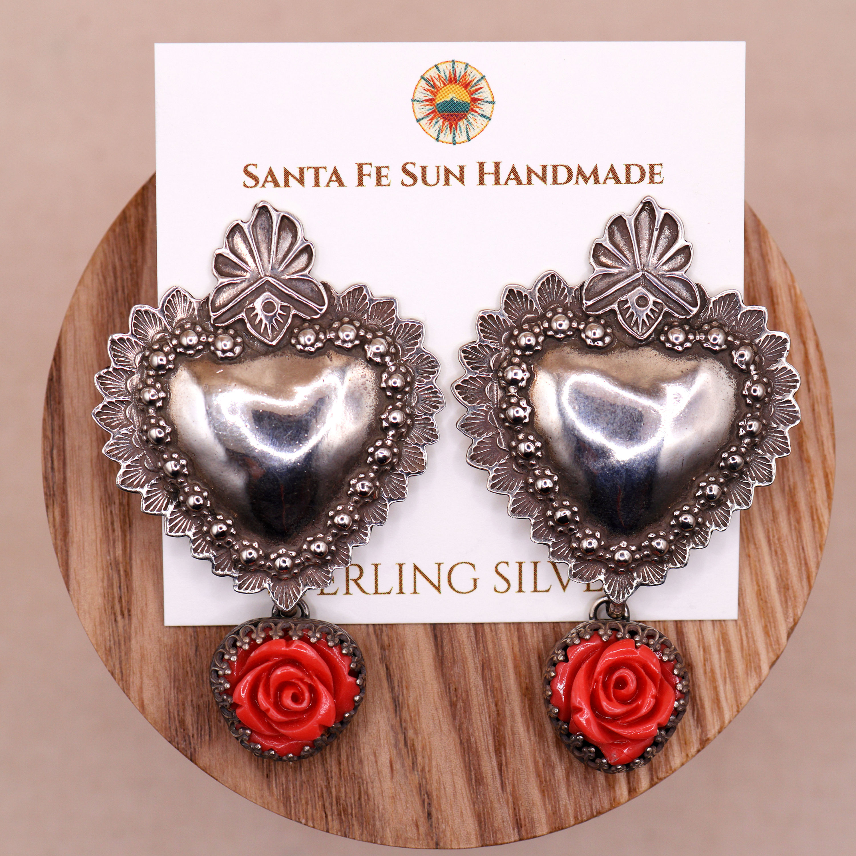 Sterling Silver Santa Fe Style Coral Rose Heart Earrings