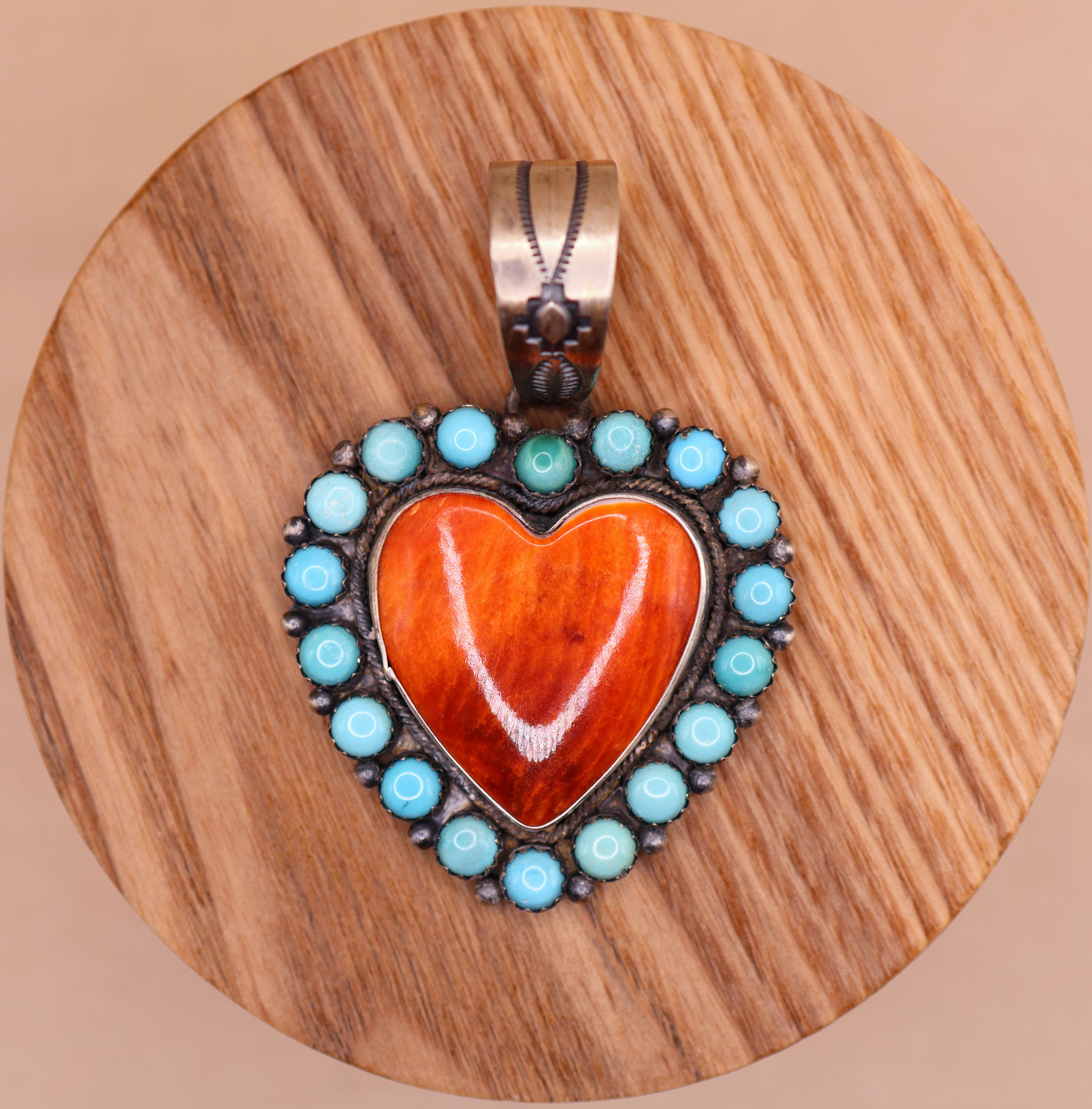 Sterling Silver, Turquoise and Spiny Oyster Heart Pendant