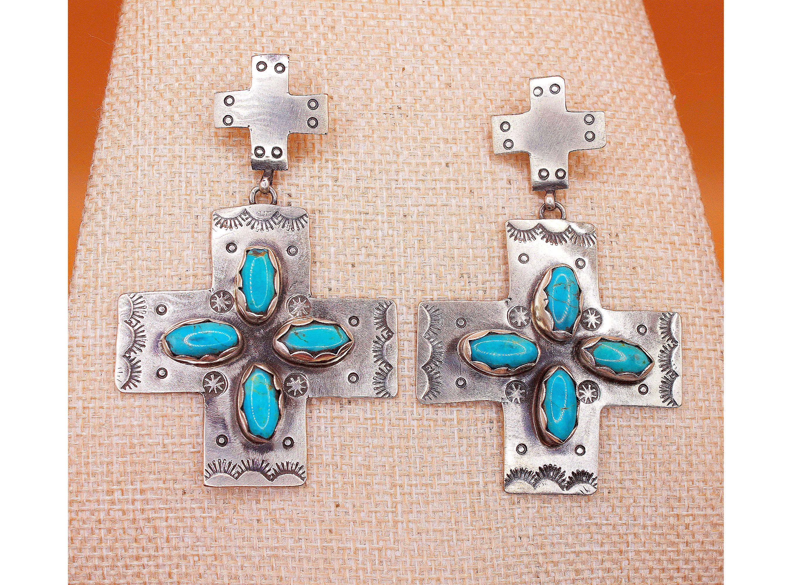 Sterling Silver and Tyrone Turquoise Cross Dangle Earrings Blue