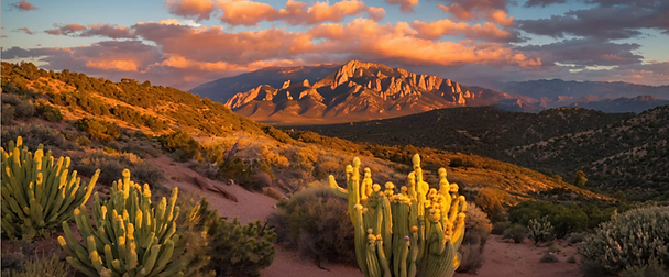 The Sandia Mountains at sunset in New Mexico with cactus in the forerground.