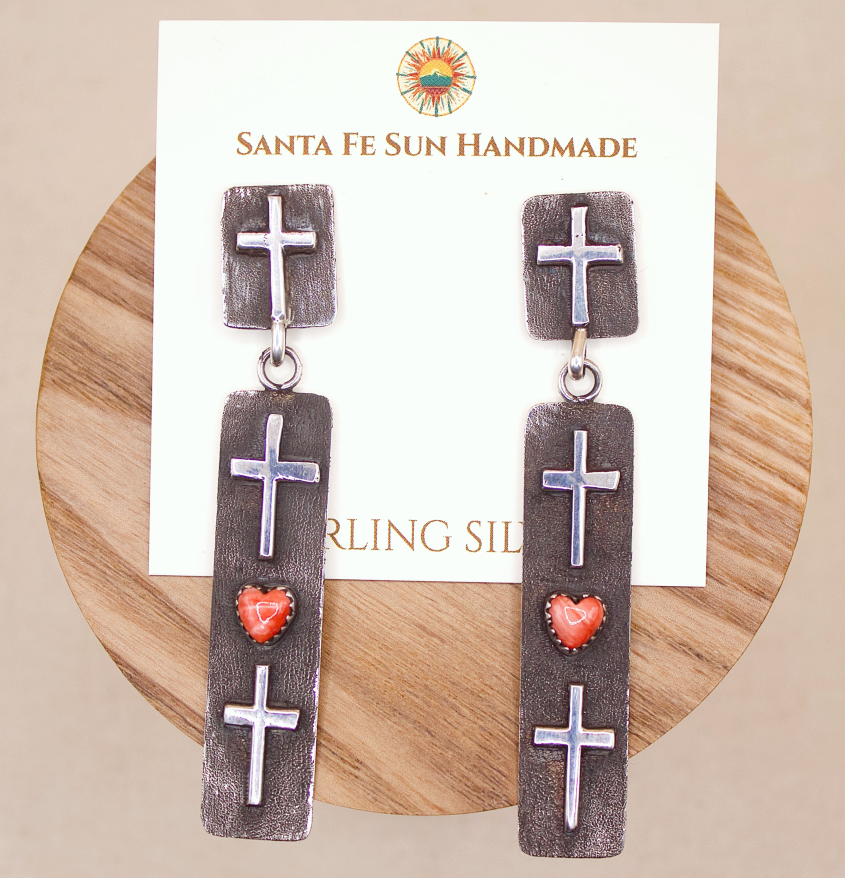 Sterling Silver Rectangle Dangles w Red Spiny Oyster Hearts and Crosses