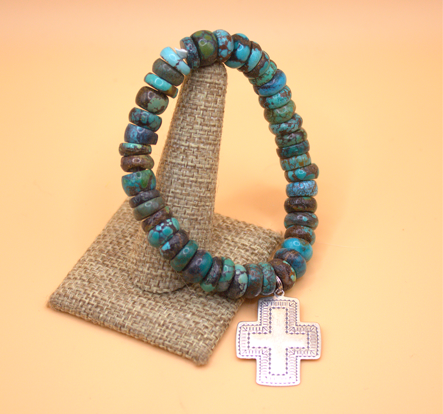 Hubei Turquoise Stretch Bracelet with Sterling Silver Cross Charm