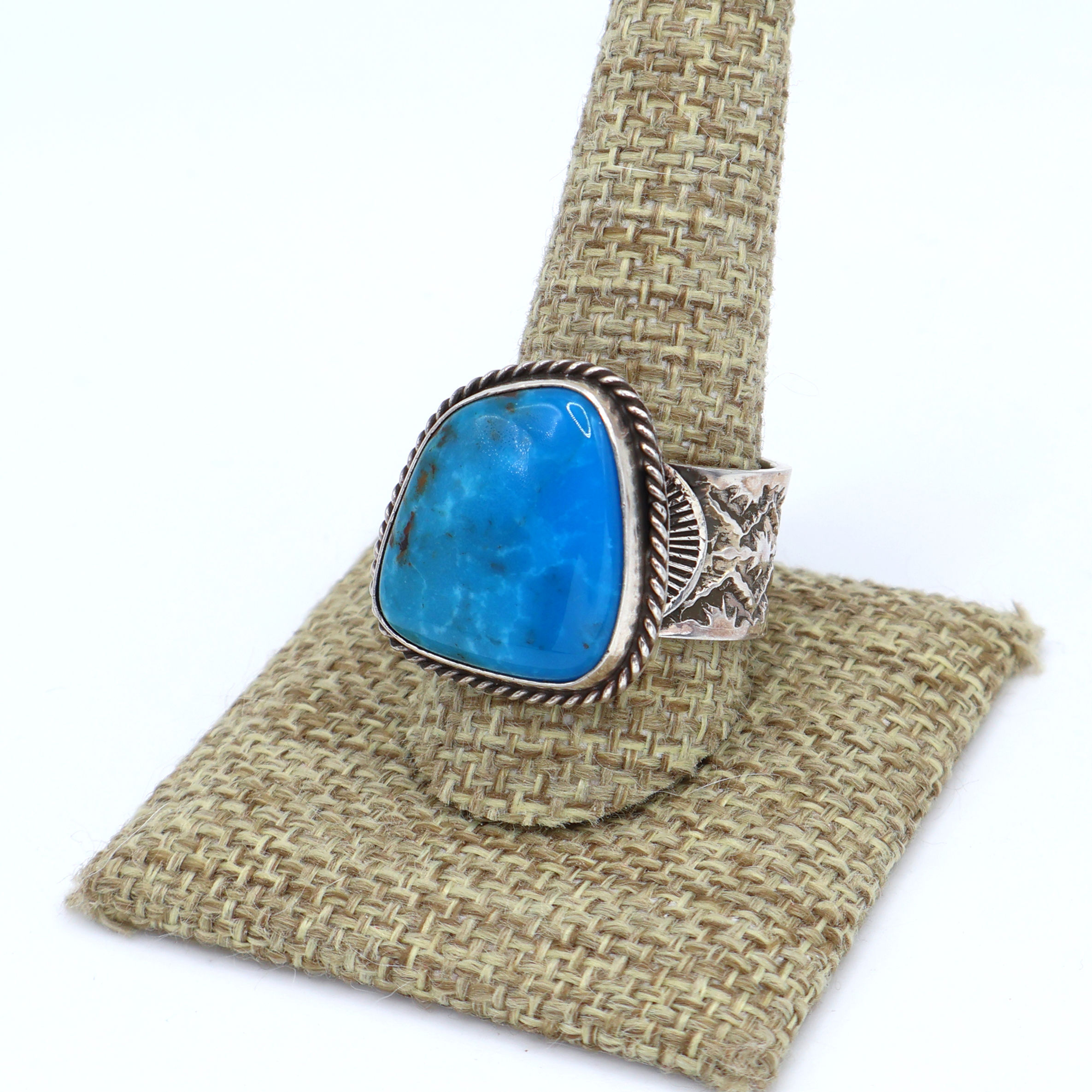 Sterling Silver and Kingman Turquoise Handstamped Ring 11 1/2
