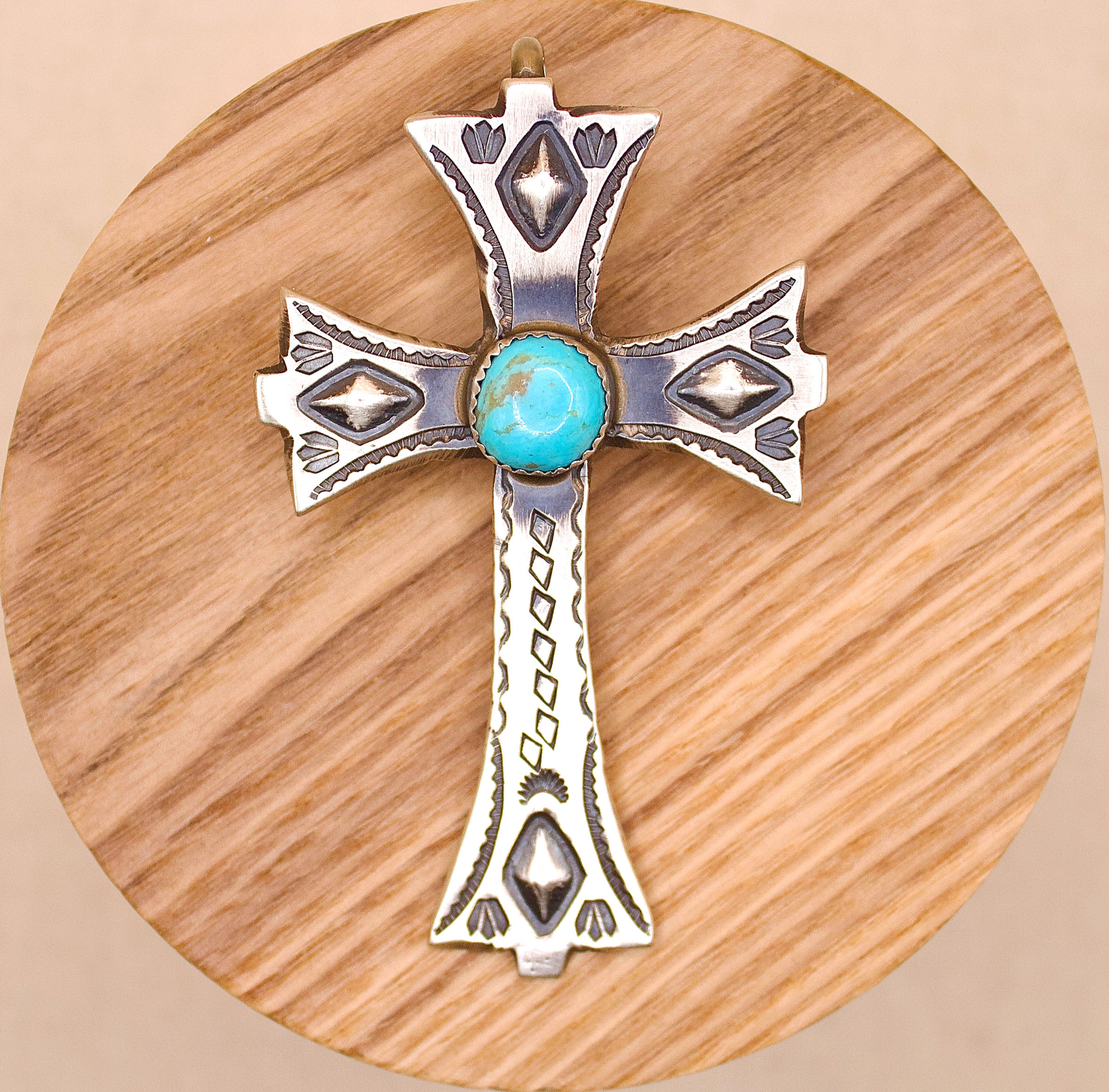 Sterling silver and Turquoise Hand-Stamped Repousse Cross Pendant
