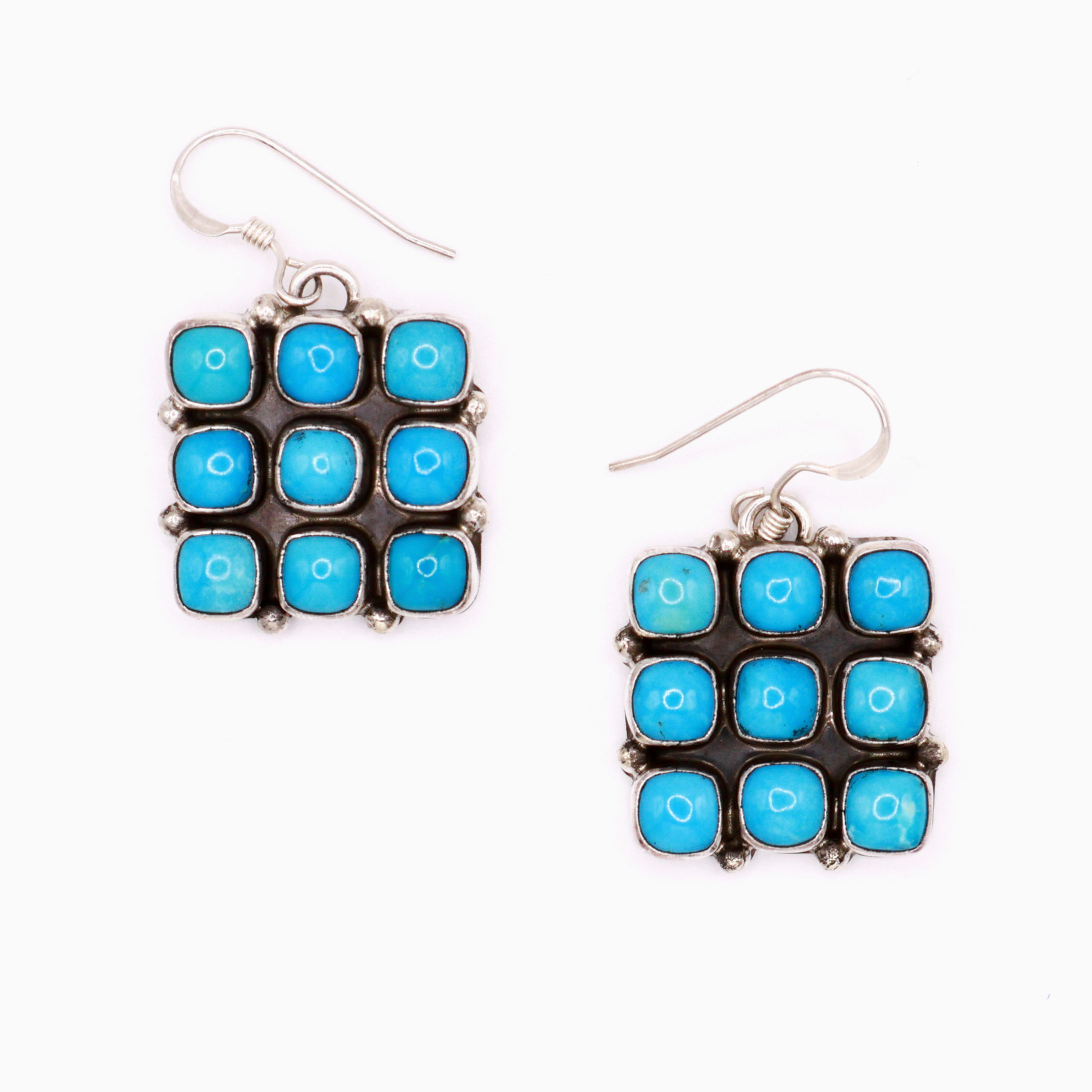 Handmade Sterling Silver 9 Stone Square Kingman Prince Turquoise Earrings