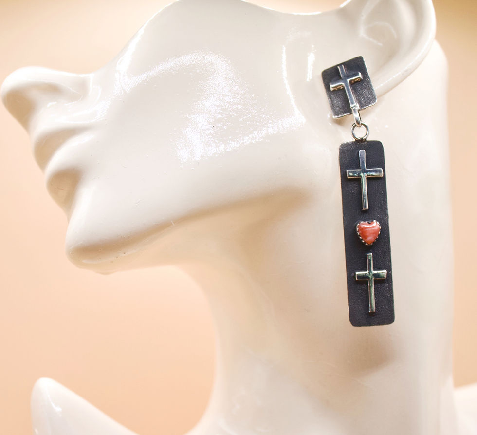 Thumbnail: Sterling Silver Rectangle Dangles w Red Spiny Oyster Hearts and Crosses