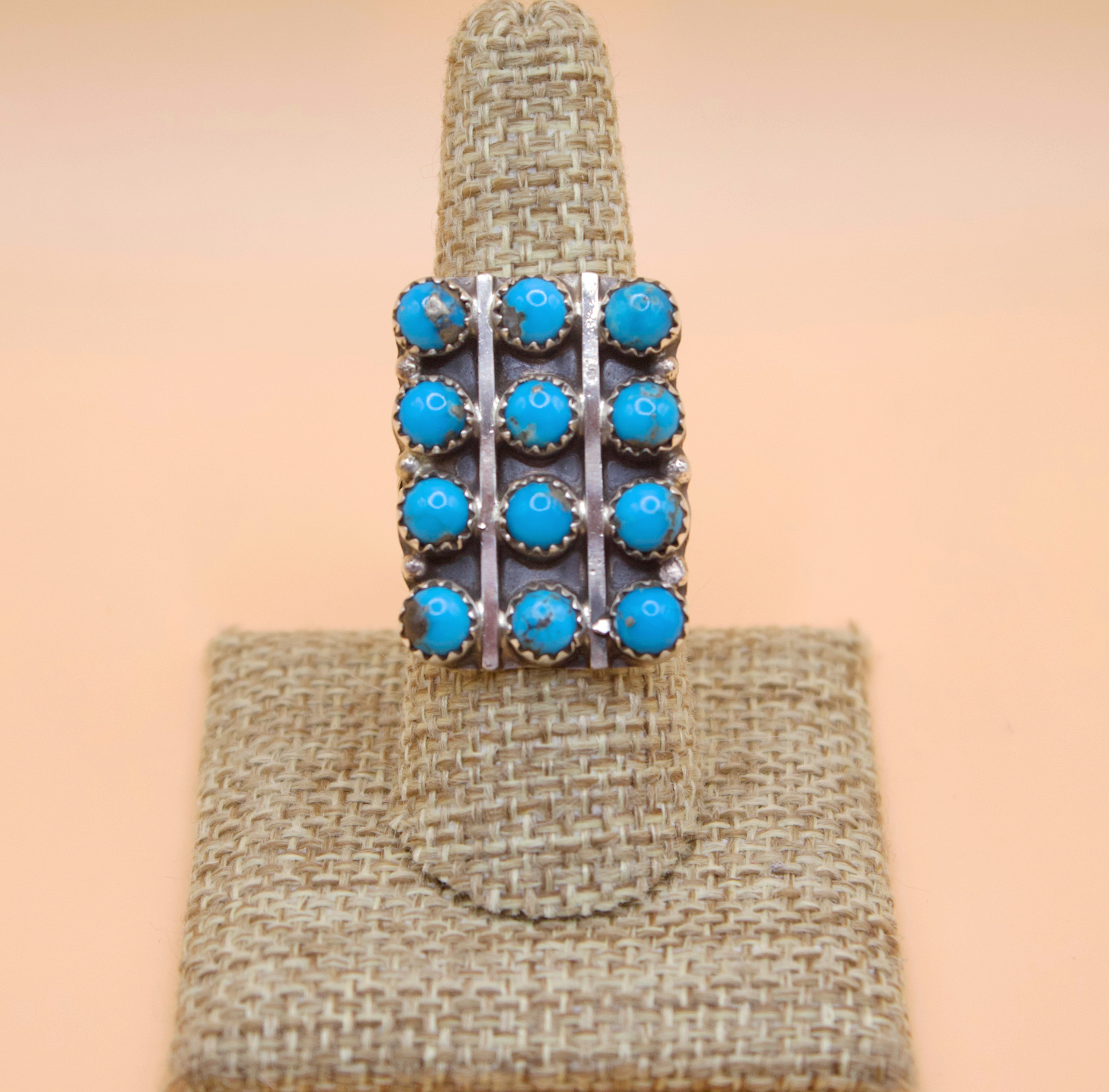 Sterling Silver and Turquoise 12 Stone Square Ring Sz 7 1/2