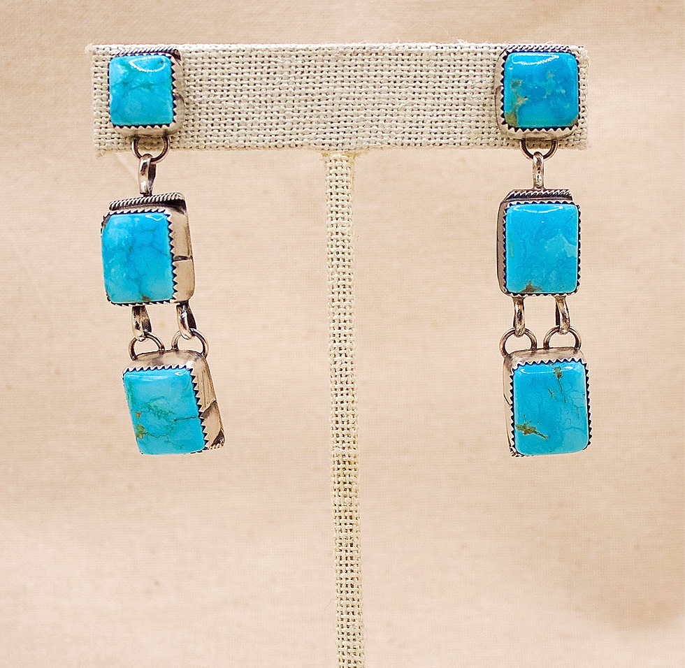 Thumbnail: Sterling Silver 3 Stone Square Kingman Turquoise Drop Earrings