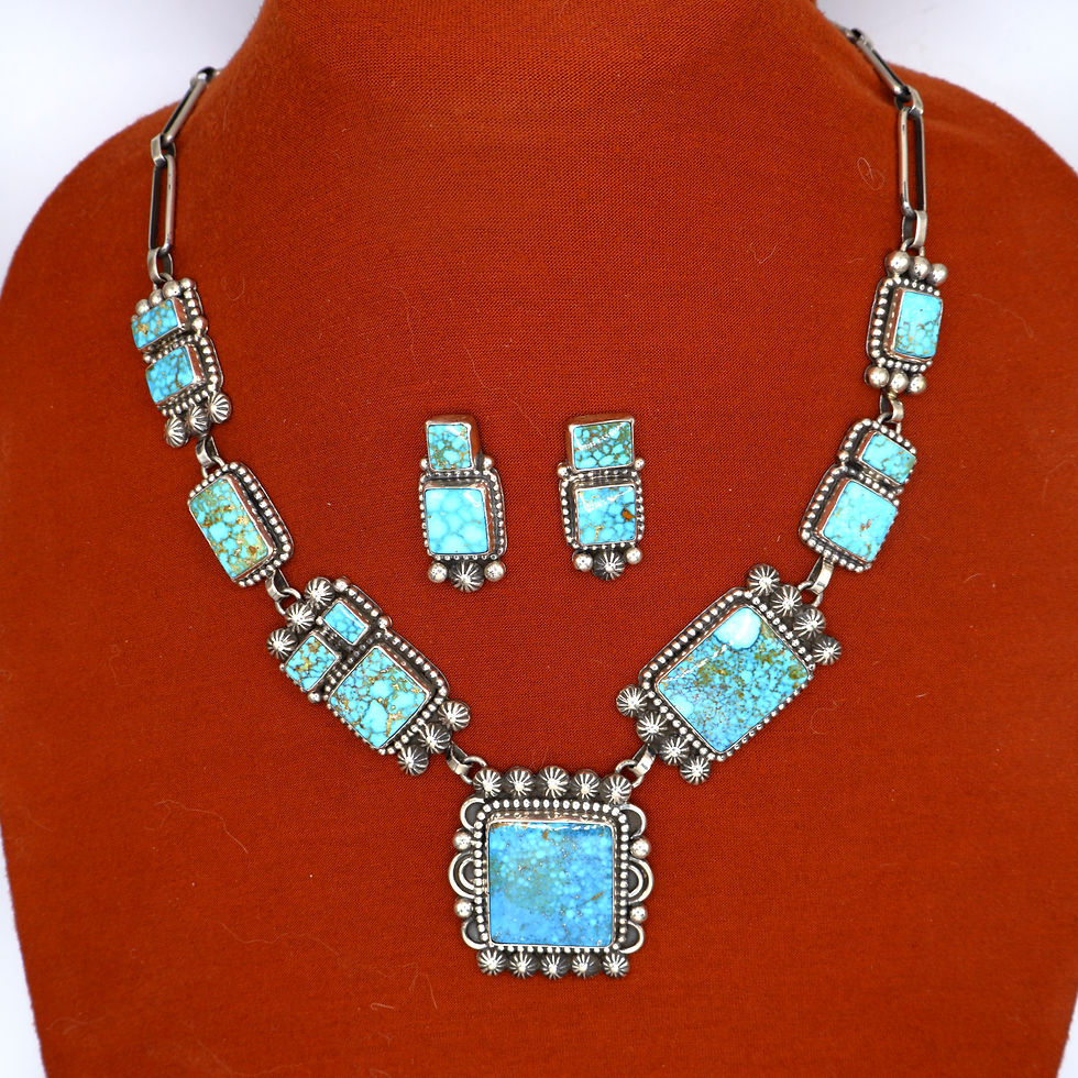Handmade Sterling Silver and Kingman Turquoise Statement Set "Gathering Rain" by Mary Ellen Pease, Navajo silversmith.
