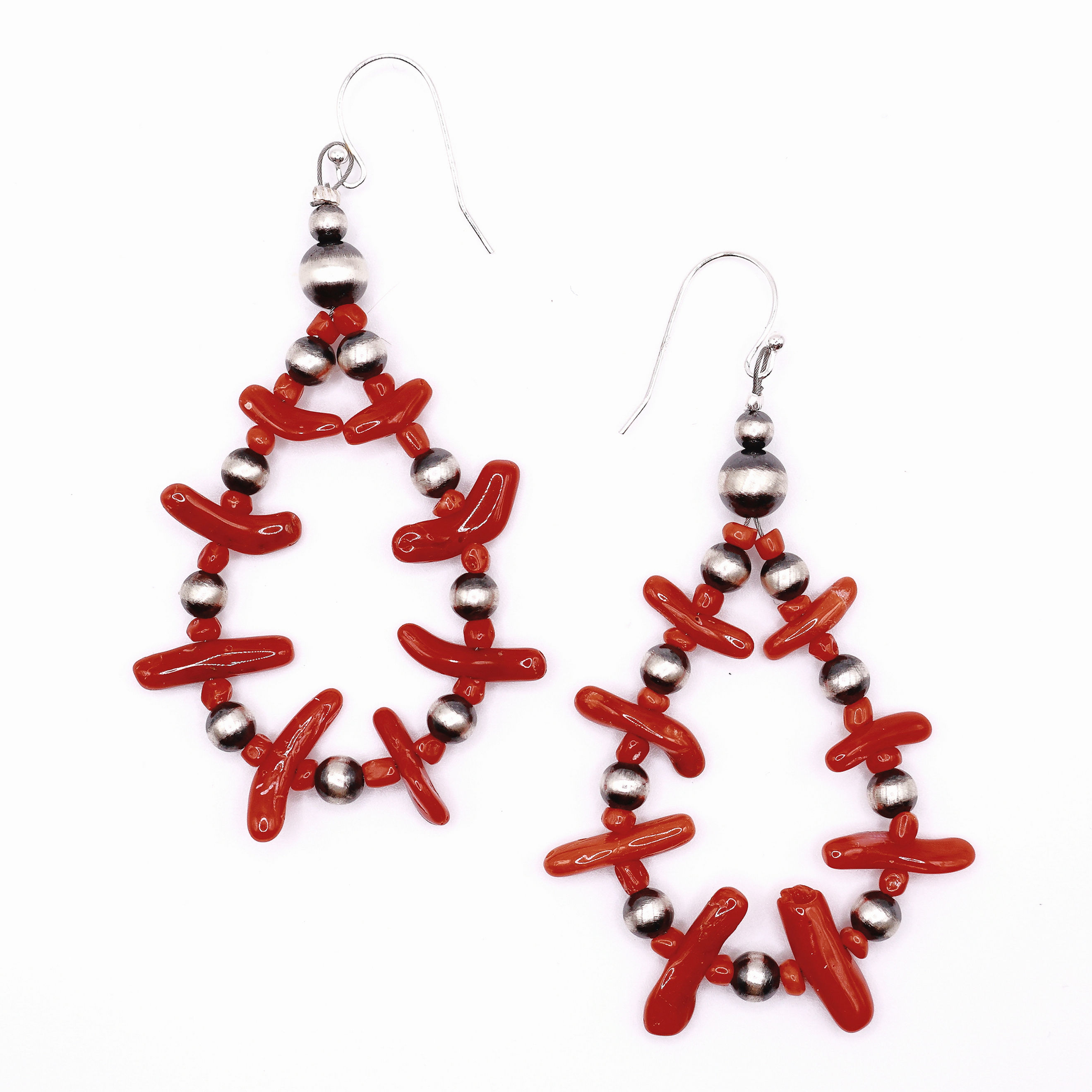 Hand-strung Sterling Silver & Red Branch Coral Dangle Earrings