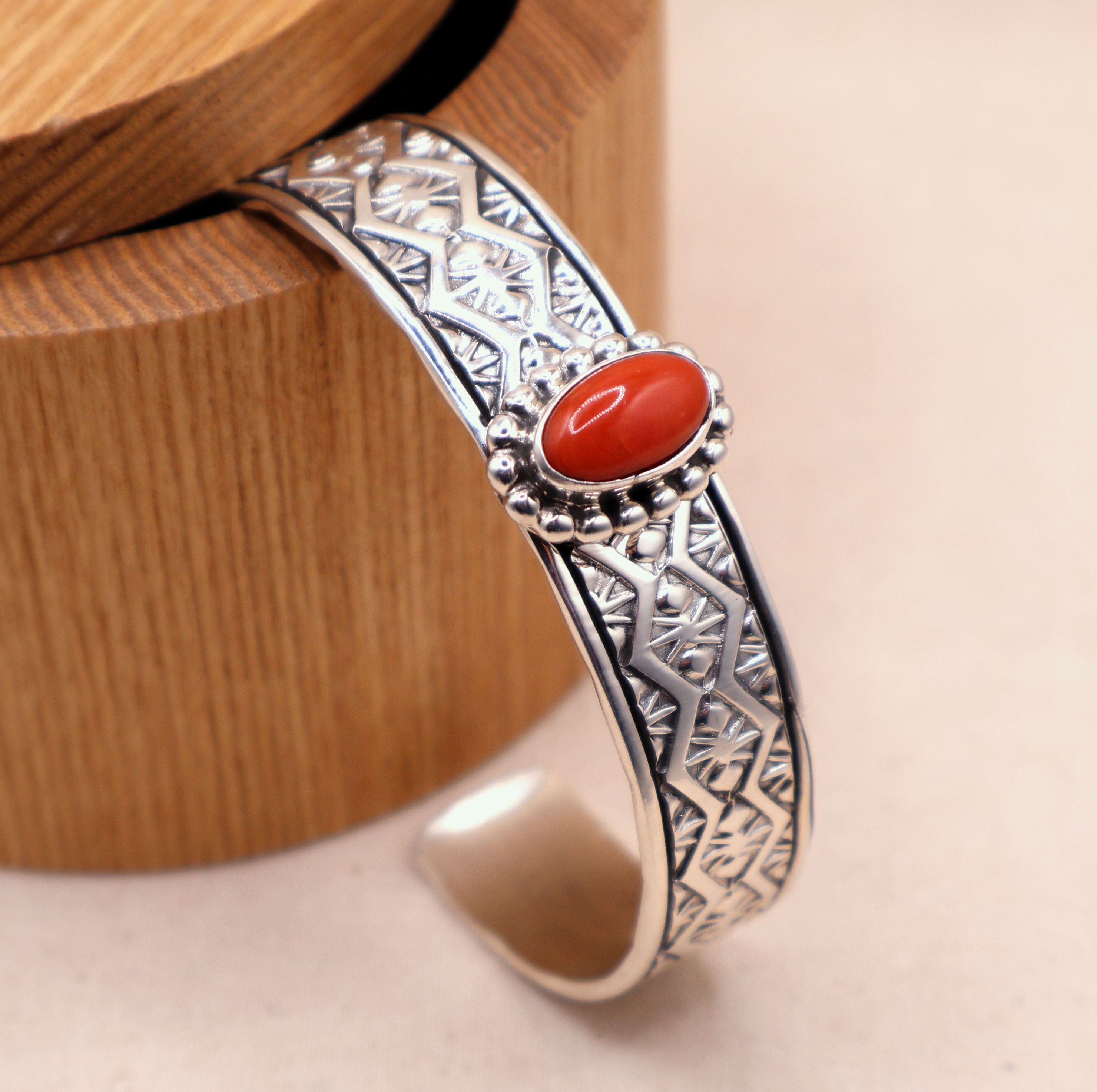 Sterling Silver and Coral Hand-stamped Cuff Bracelet 6 3/4"