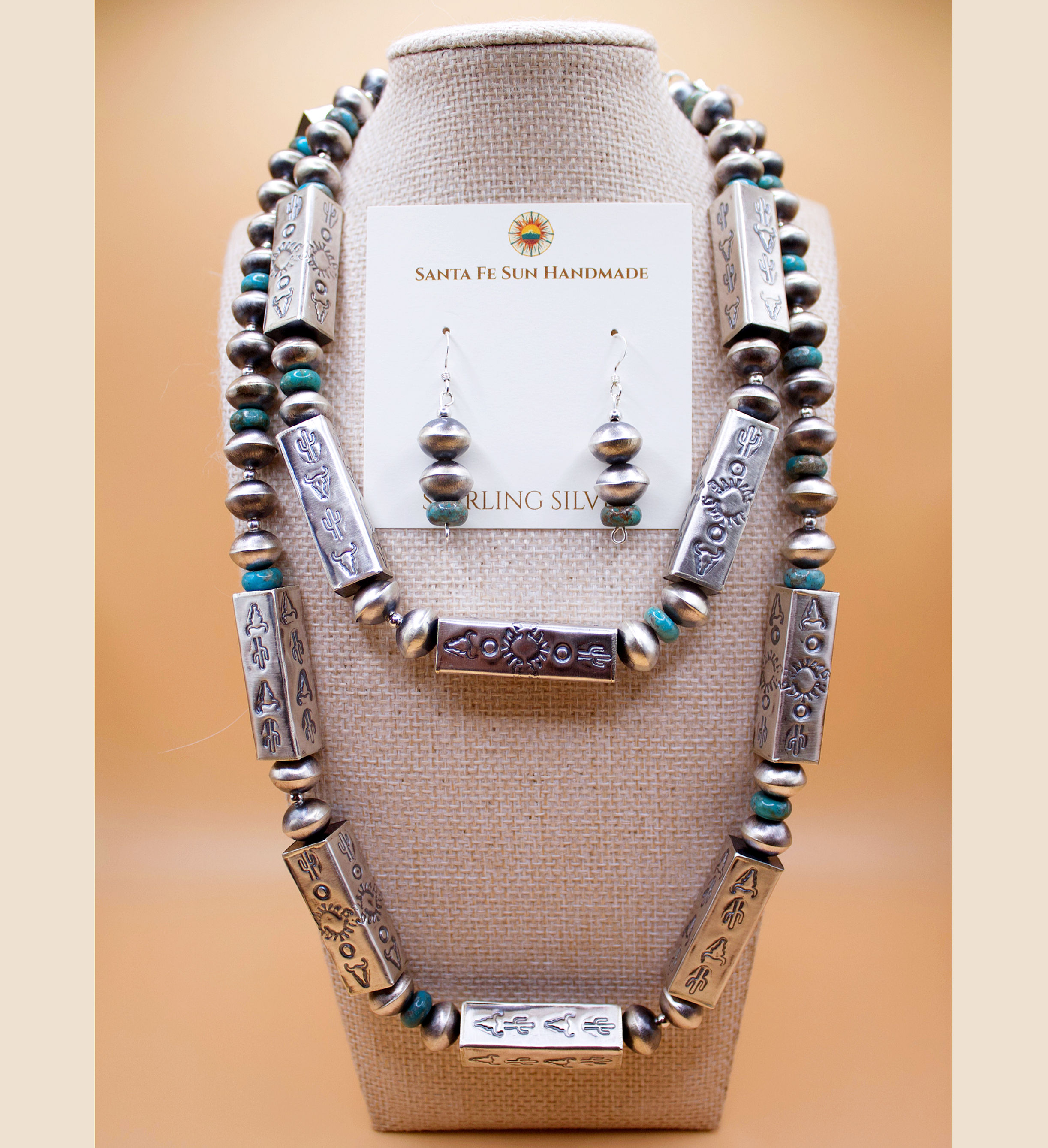 Sterling Silver and Turquoise Handmade Navajo Pearl Rectangle Bead Necklace Set