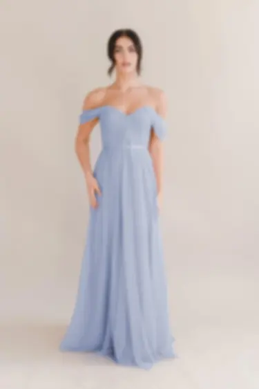 Light blue off the shoulder long Bardot 2.0 bridesmaid dress