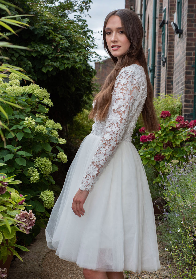 Thumbnail: Side view of Sidney Short Wedding Dress With Floral Tulle Bodice 