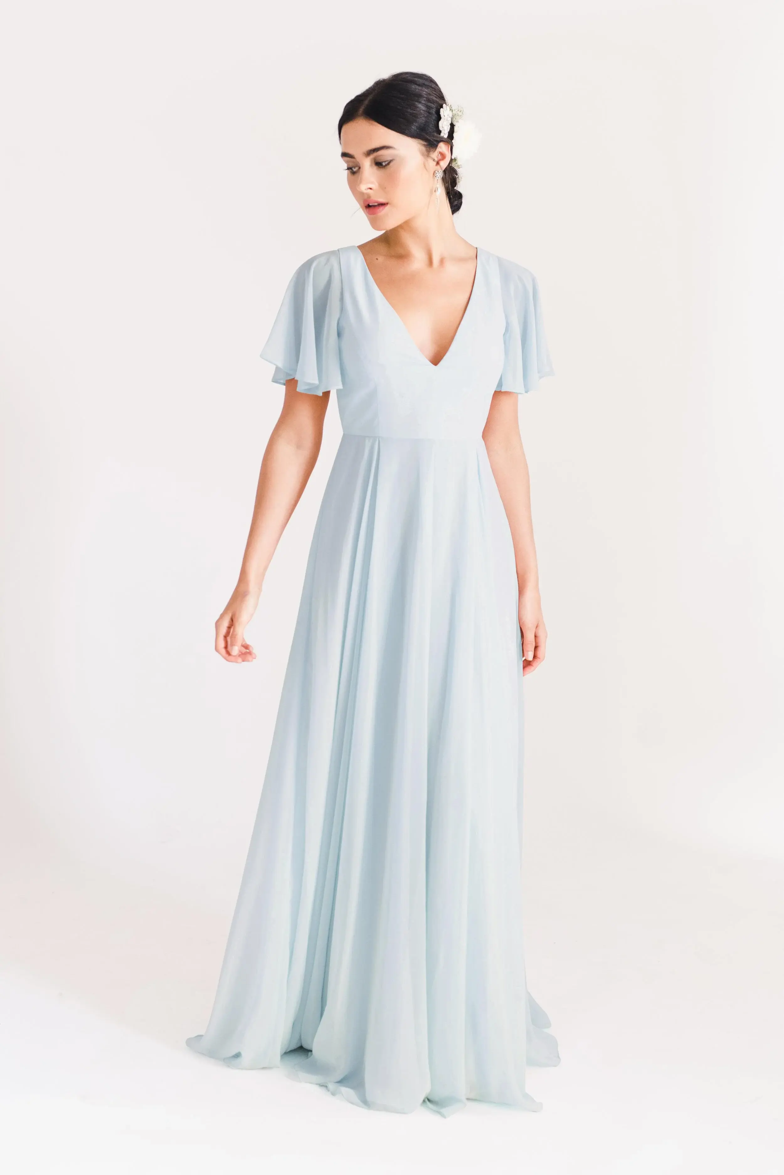 Light Blue long capped sleeves v-neck Phoebe bridesmaid dress