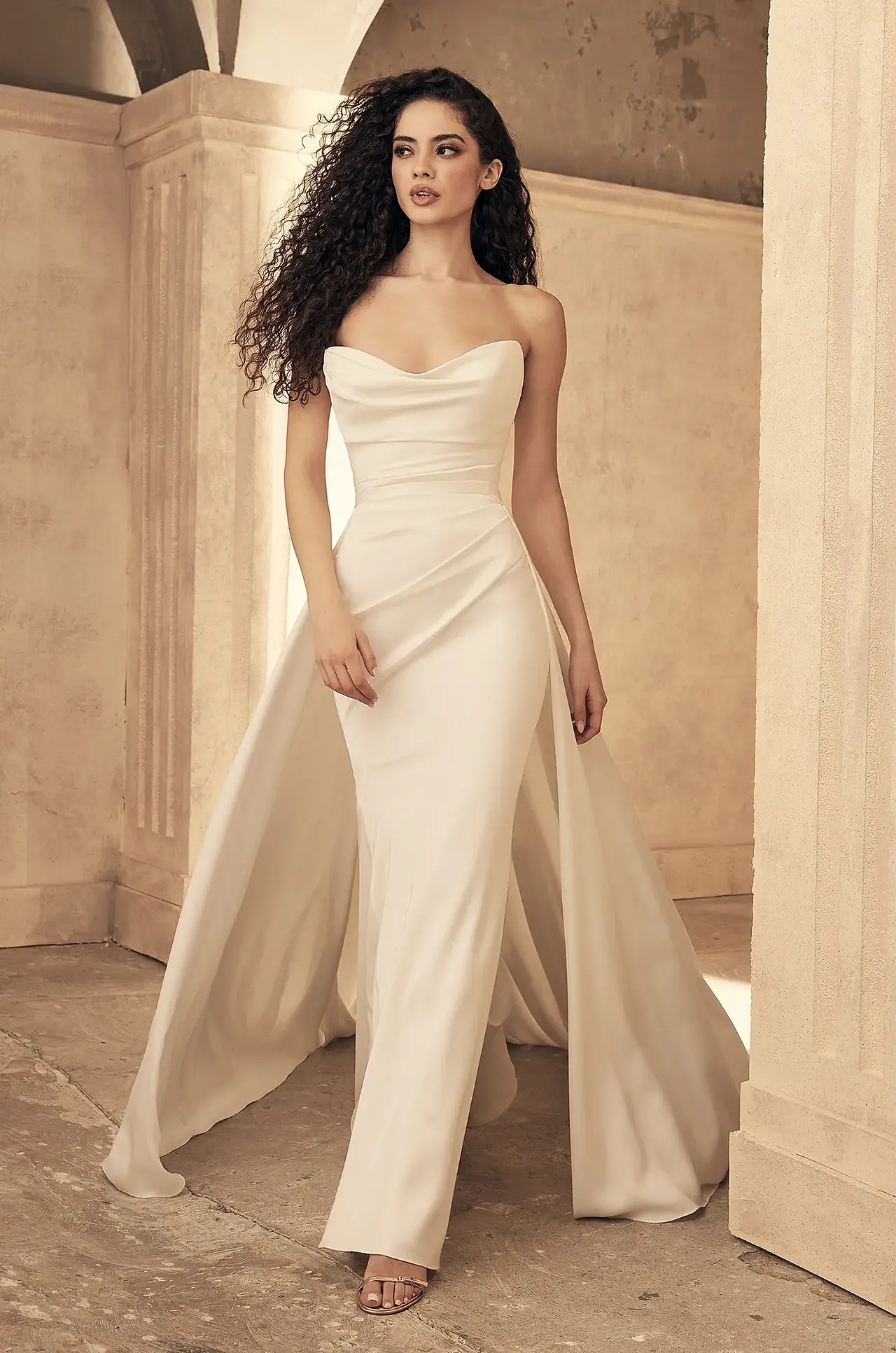 strapless wedding dress with detachable cape skirt