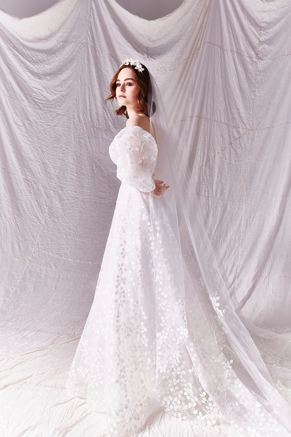 Thumbnail: Full view of Ivory Floral Wedding Dress by Savin London