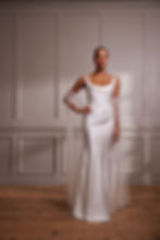 Front view of Satin corseted long wedding dress
