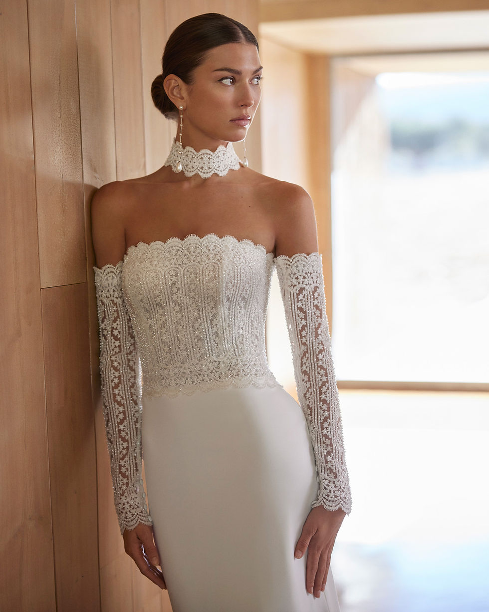Thumbnail: top view of the strapless bridal gown with lace sleeve