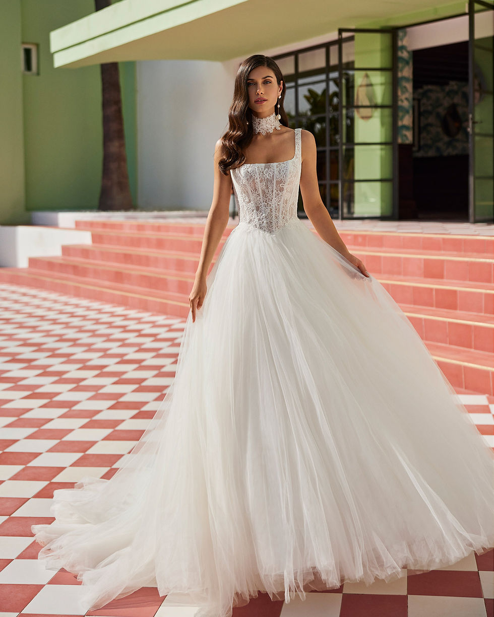 Thumbnail: Full view of Jillyn. A Square Neck Lace Bodice Ballgown Wedding Dress by Luna Novias.