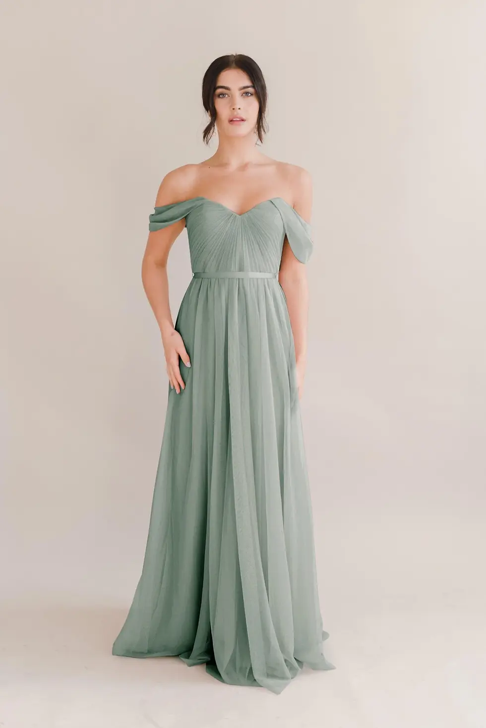 Thumbnail: Light green off the shoulder long Bardot 2.0 bridesmaid dress
