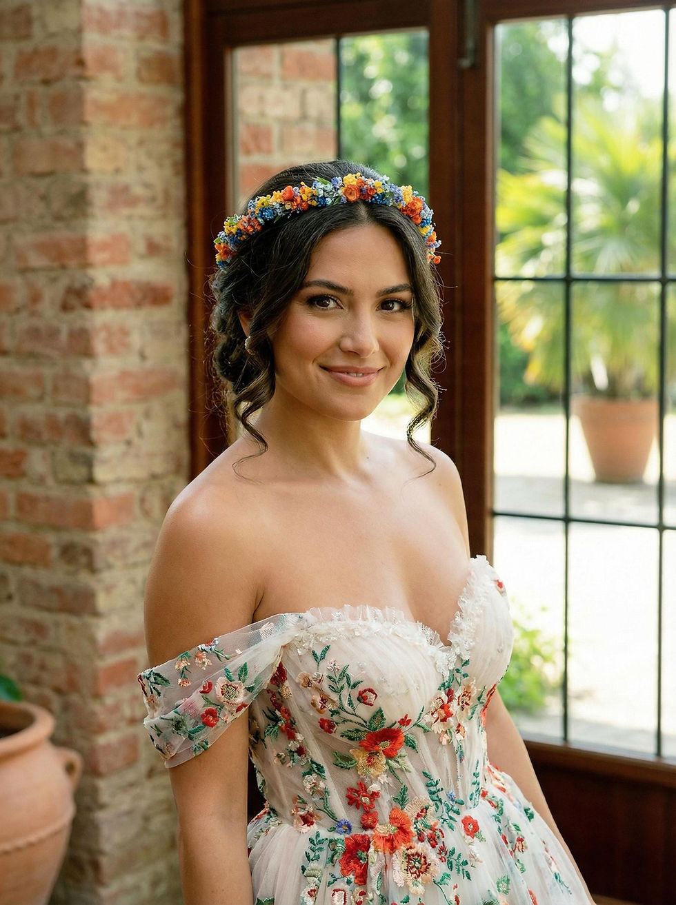 Boho Blumenkranz in orange, blau, gelb. Bunter Haarkraz mit Trockenbkumen. Hochzeit Haarschmuck. Braut Haarkranz.