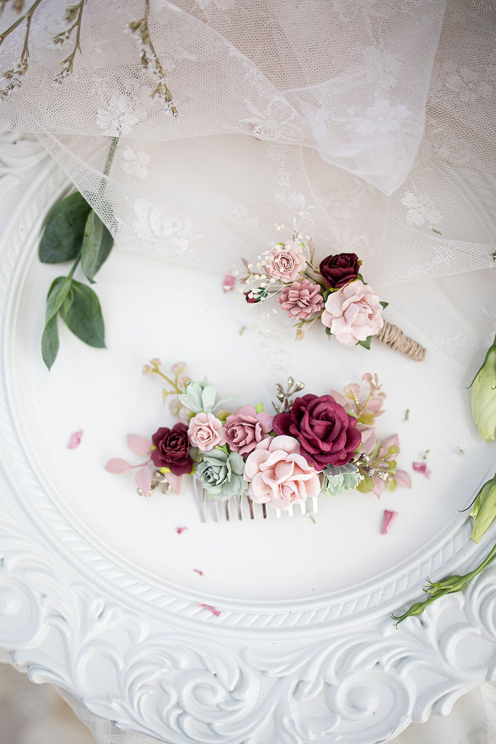 Miniaturbild: Braut Haarschmuck mit Blumen, Eukalyptus Blätter, Ruskus,vSchleierkraut nude, a