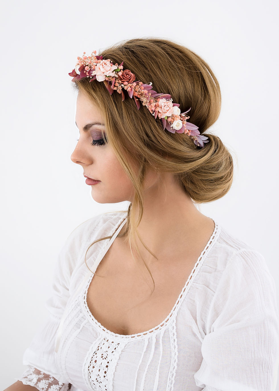 Blumenkranz Braut Hochzeit Haarkranz Blumen Haarschmuck Brautjungfern Oktoberfest Kranz Kopfschmuck Haarband Eukalyptus rot