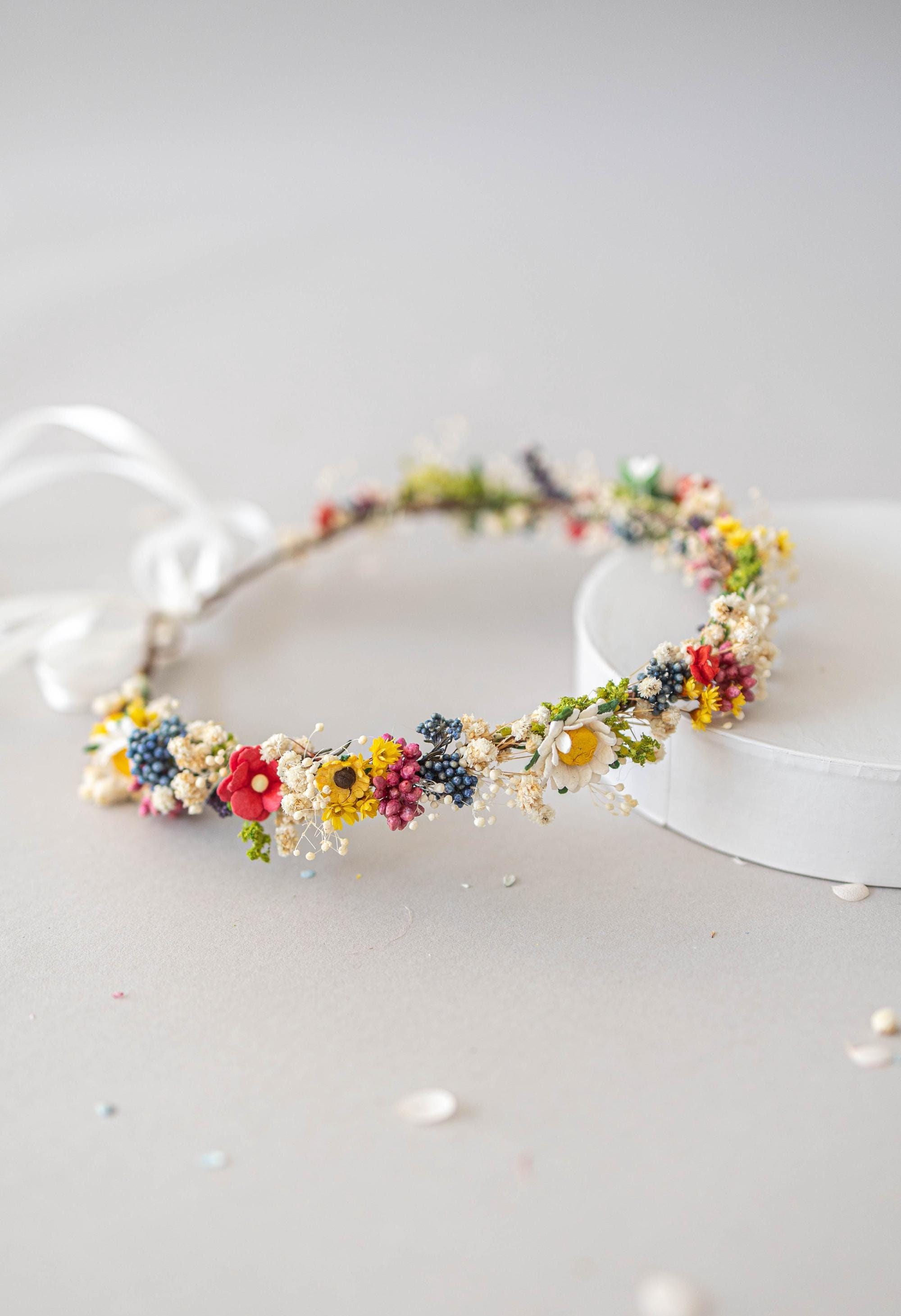 Hochzeit Haarkranz. Braut Blumenkranz mit Trockenblumen. Boho Hochzeit Blumenkr