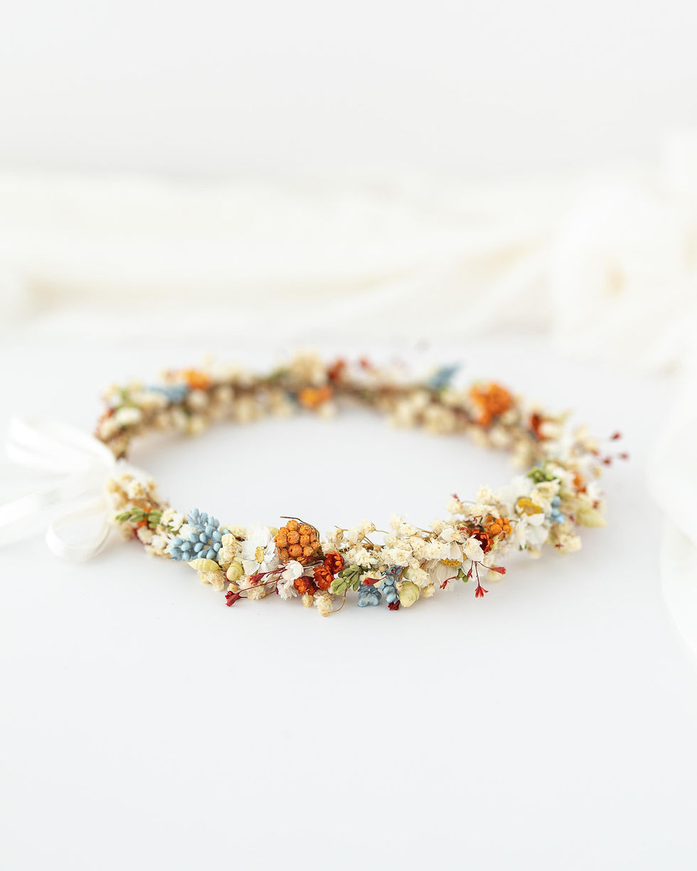 Miniaturbild: Bunter Blumenkranz aus Trockenblumen in orange, creme, blau, grün. Haarschmuck für Hochzeit, Braut, Oktoberfest Kranz