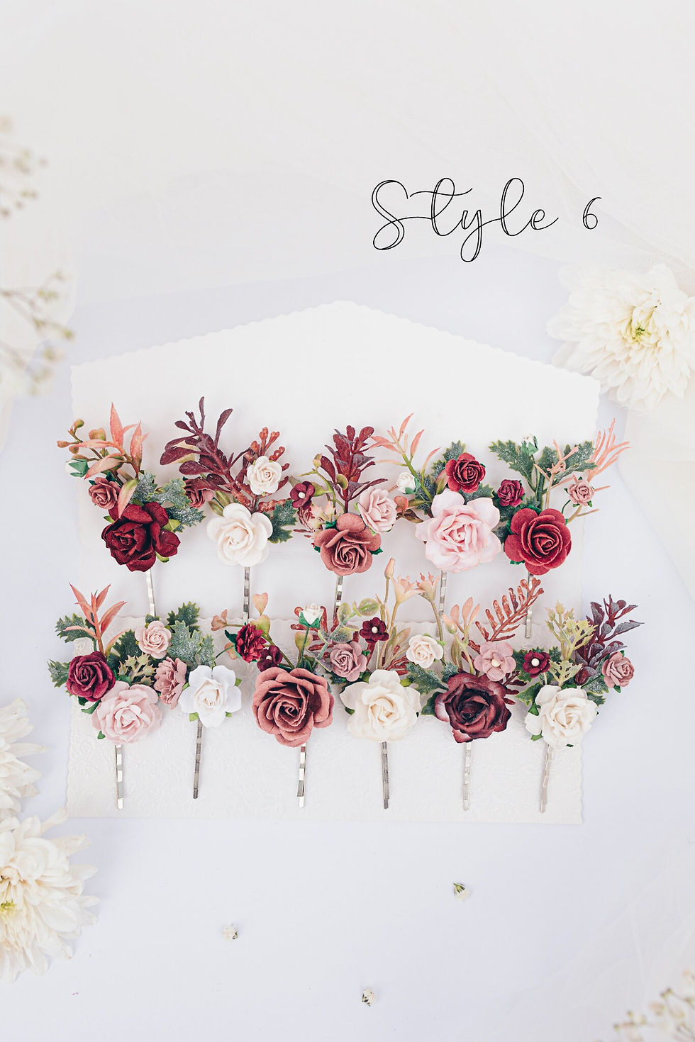 Miniaturbild: Braut Blumen Haarschmuck Haarnadel mit Blüten, Eukalyptus und Ruskus Blättern. 