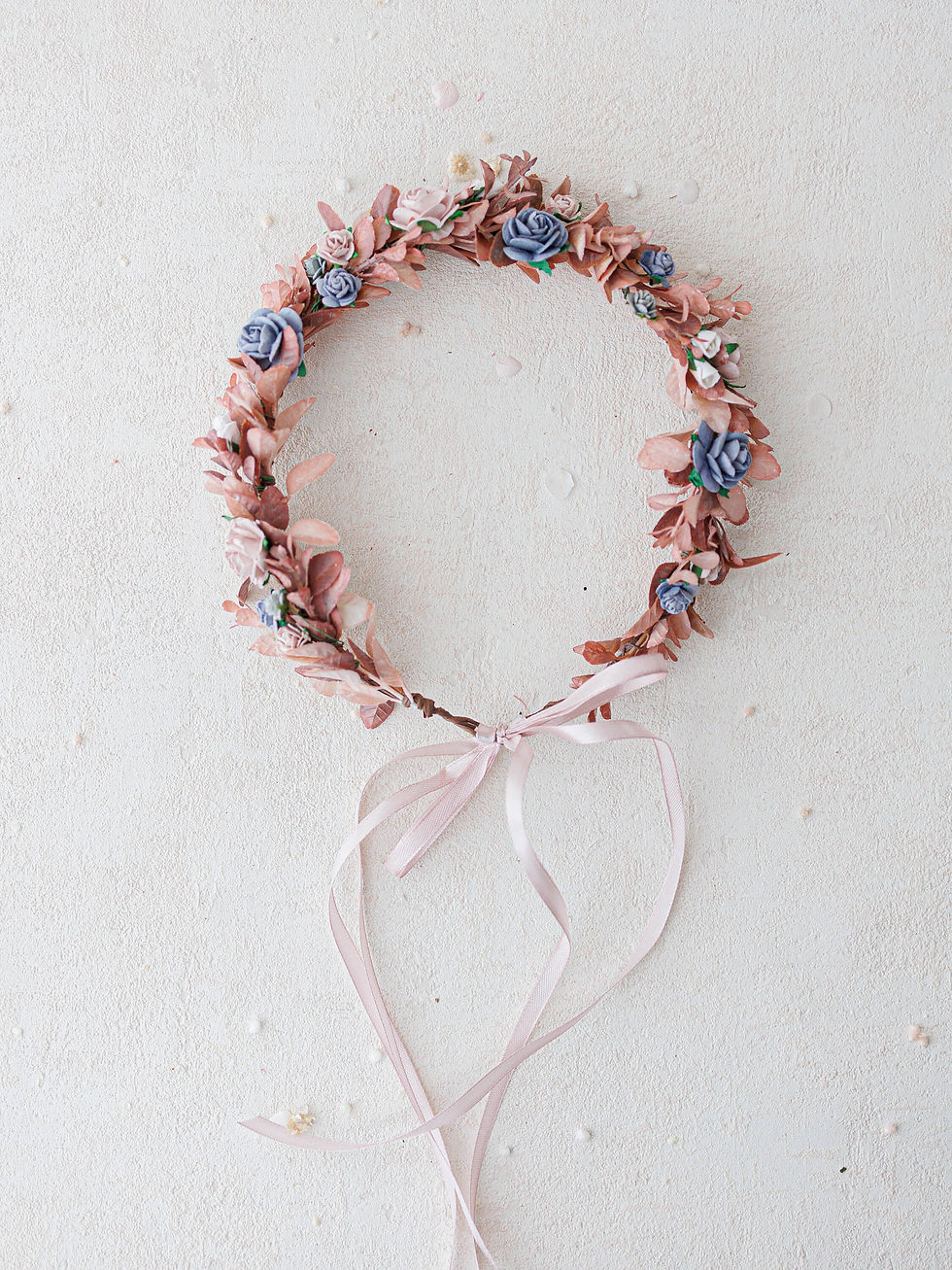 Miniaturbild: Braut Blumenkranz in blau und altrosa. Boho Hochzeit Blumenkrone, Blumen Haarsc