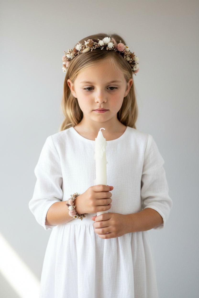 Miniaturbild: Kommunion Haarkranz mit Trockenbkumen, Schleierkraut, Pampas in beige, creme, altrosa